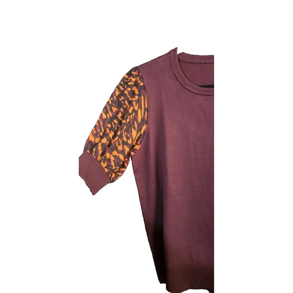 M/L maroon rust orange‎ cheetah print DKNY short sleeve sweater sheer leopard
